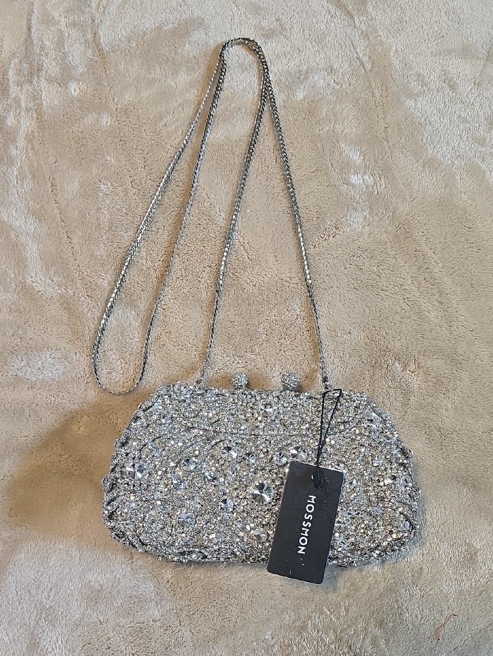 Mossmon Silver Beaded Evening Clutch with Chain Strap
